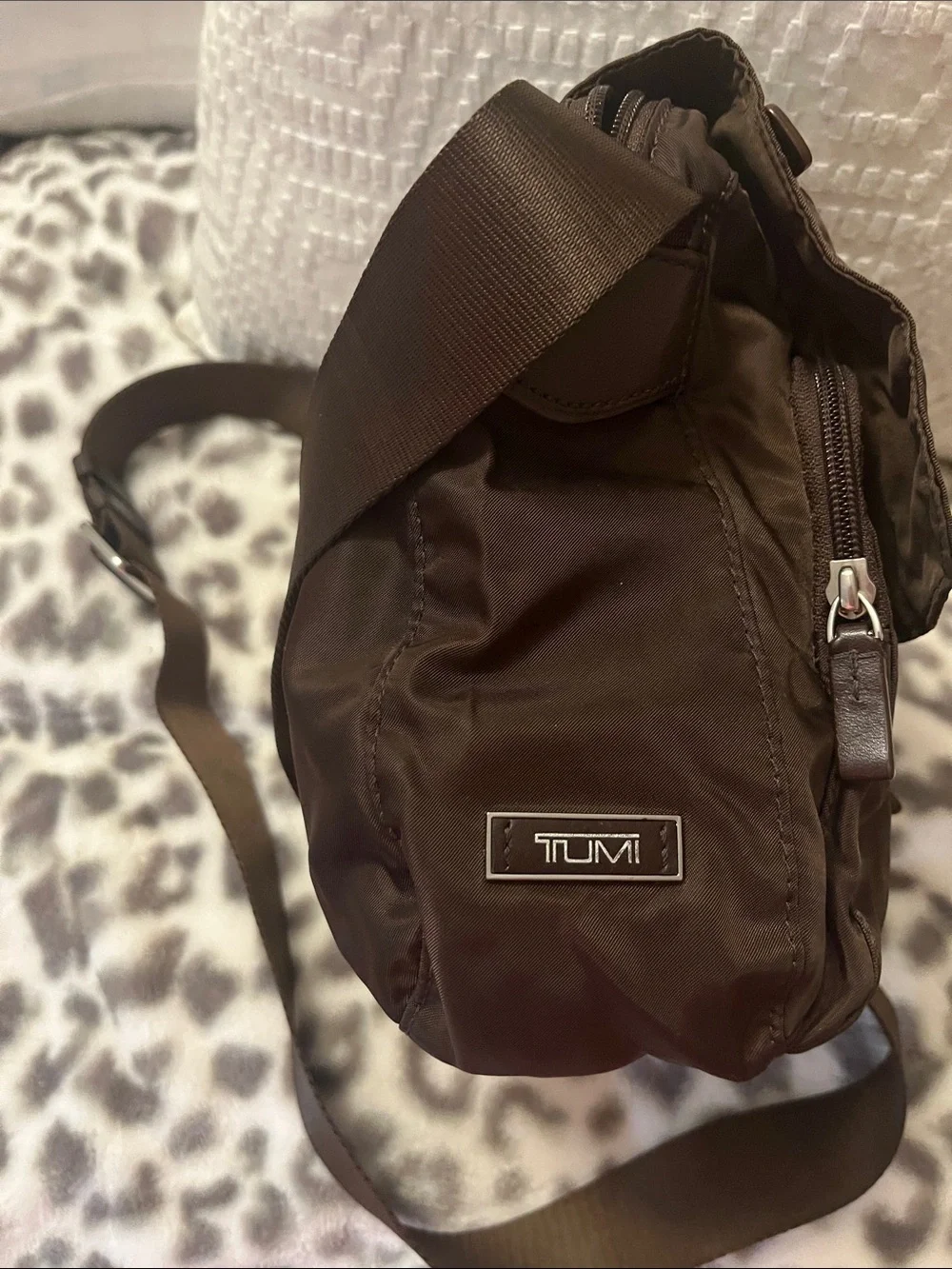 Tumi Brown Nylon Crossbody Bag with Silver Hardware